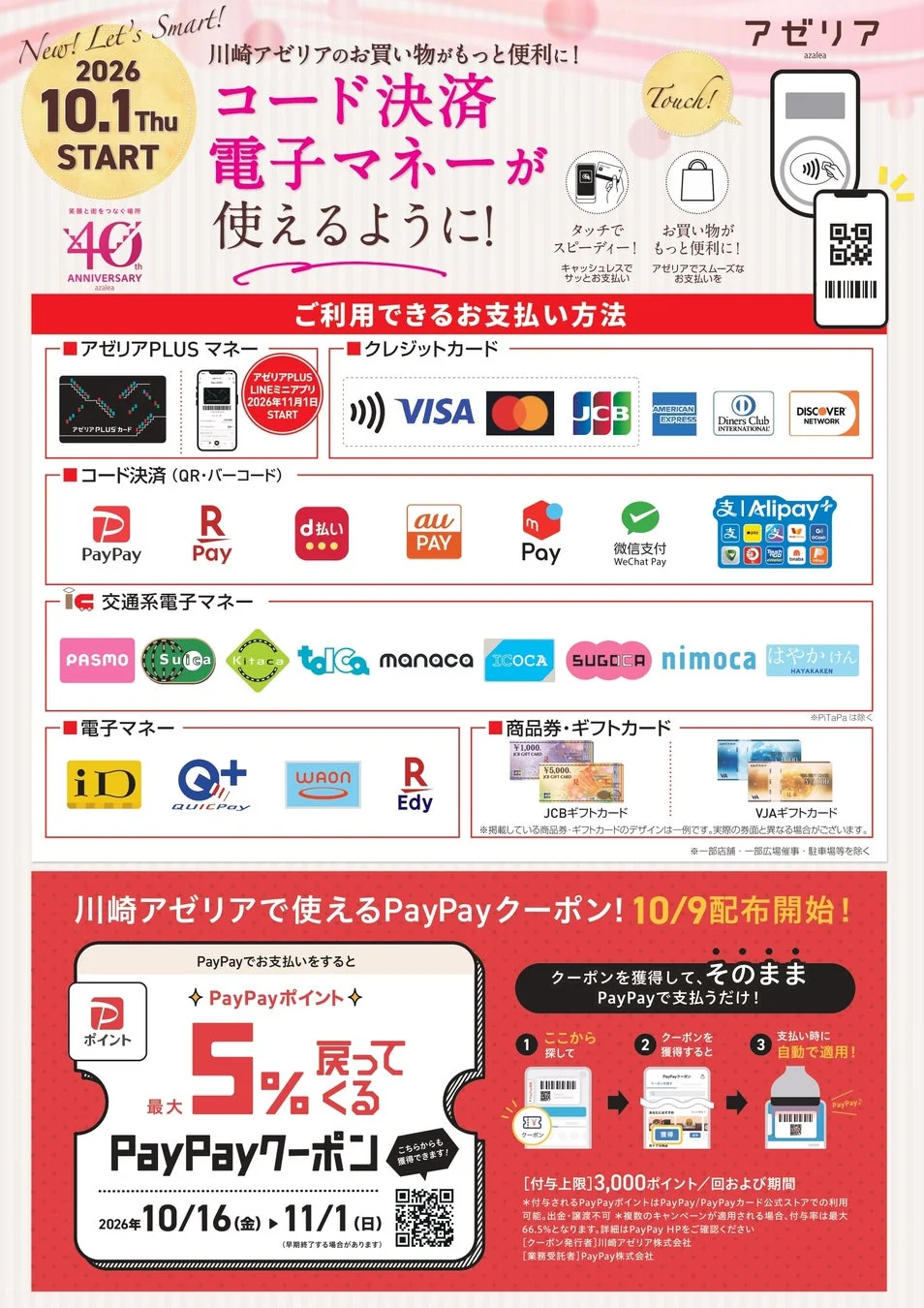 川崎アゼリアが2026年10月1日よりコード決済や電子マネーに対応
