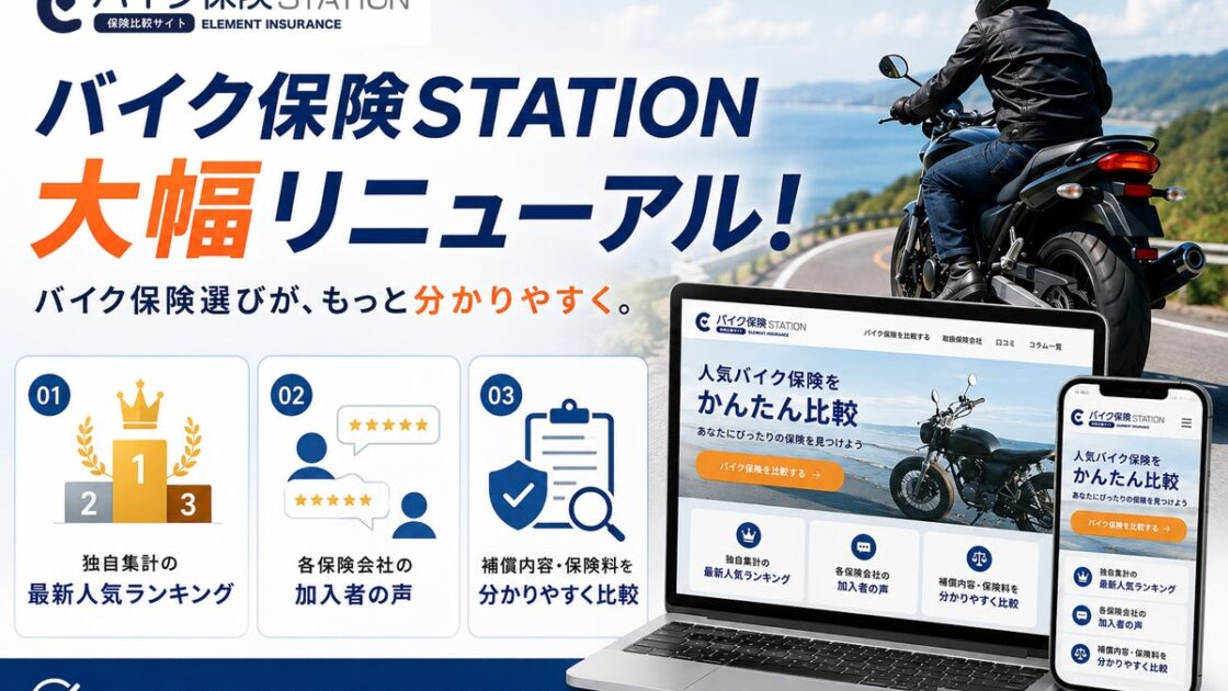 バイク保険比較サイト「バイク保険STATION」が大幅リニューアル!独自集計の人気ランキングや加入者の口コミ、保険料・補償内容を分かりやすく比較